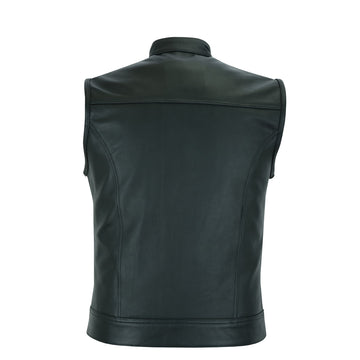 Back view of men’s leather waistcoat with large back panel design